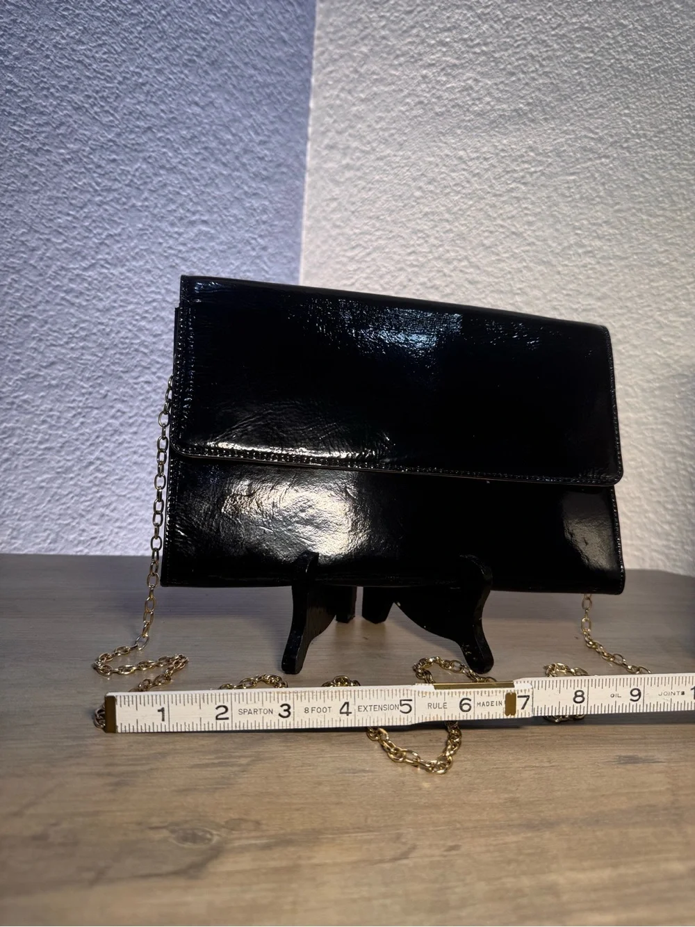 Halogen Black Patent Leather Wallet Clutch Crossbody Gold Chain Envelope Bag